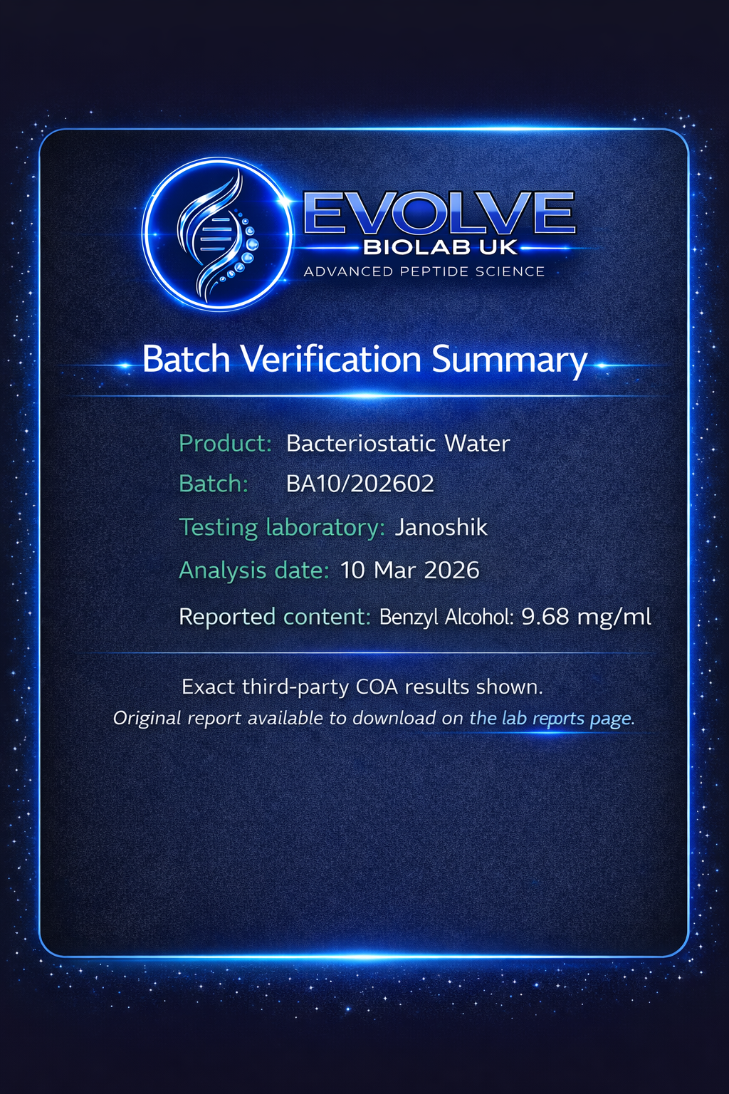 Bacteriostatic Water - 3ml - Evolve Biolab UK