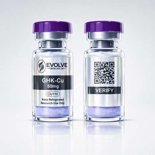 GHK-Cu - Evolve Biolab UK GHK-Cu 50mg peptide vial with purple cap, lab tested peptide, batch and COA verified label, research.