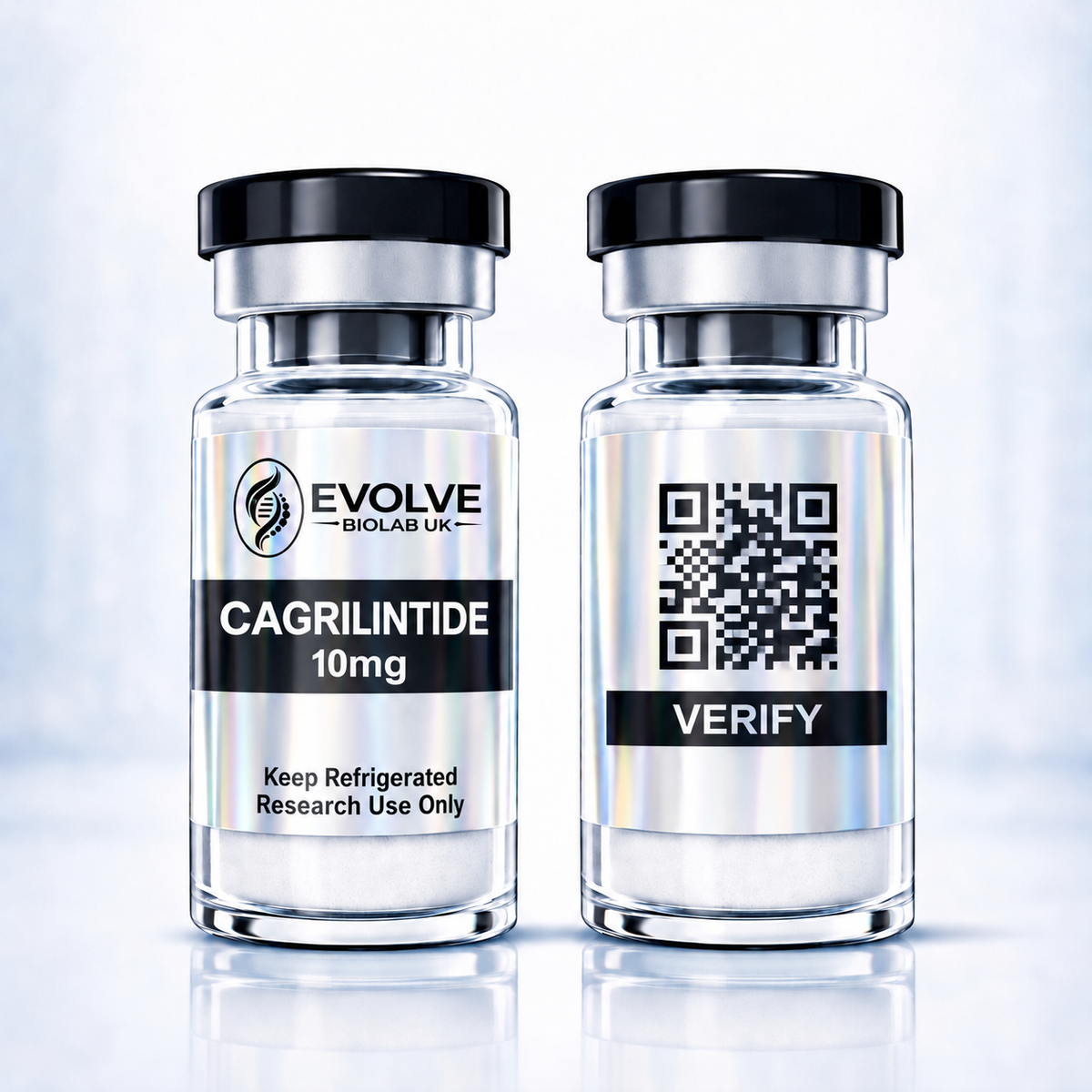 Cagrilintide 10mg - Two clear peptide vials labeled Evolve Biolab UK Cagrilintide 10mg, with a QR code and VERIFY label.