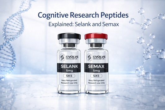 Cognitive research peptides article image showing Selank 5mg and Semax 5mg vials on a clean biotech background