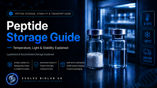 Peptide storage guide image for Evolve Biolab UK showing lyophilized and reconstituted research peptide vials with fridge, freezer and 24/48 tracked shipping storage guidance.
