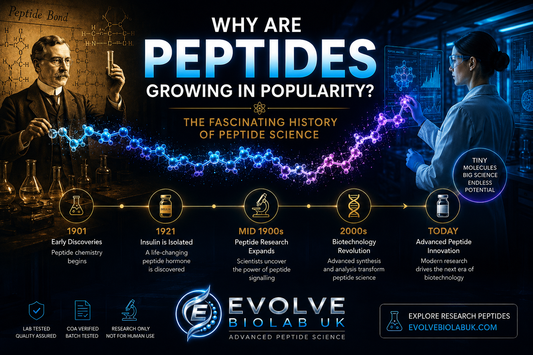 Infographic showing the history and rising popularity of peptide science, with vintage and modern laboratory scenes, a peptide timeline from 1901 to today, glowing molecular graphics, and Evolve Biolab UK branding.