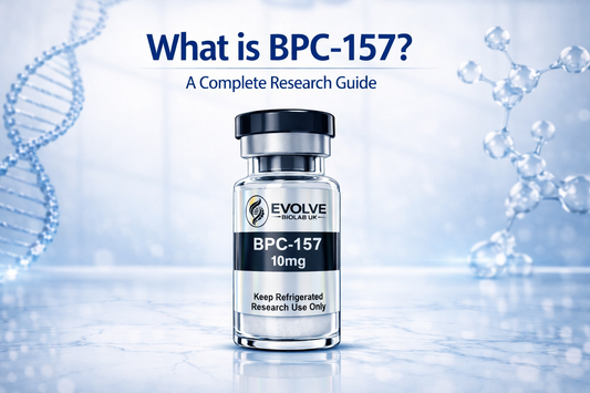 BPC-157 research peptide article banner showing a single vial on a bright biotech laboratory background