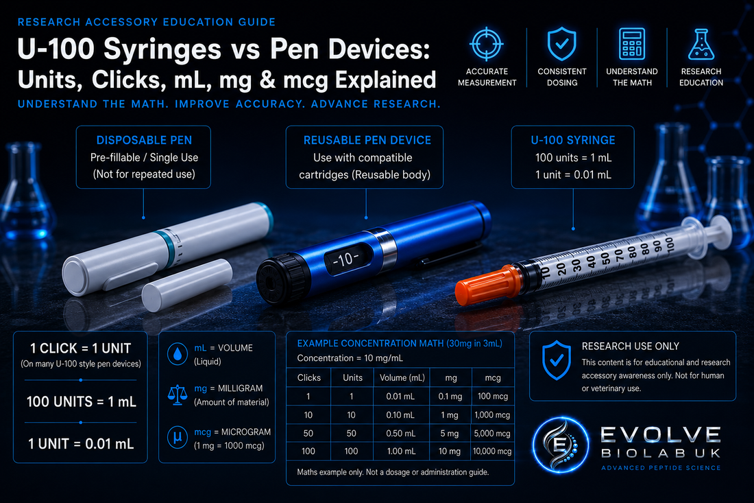 U-100 Syringes vs Pen Devices: Units, Clicks, mL, mg & mcg Explained | Evolve Biolab UK