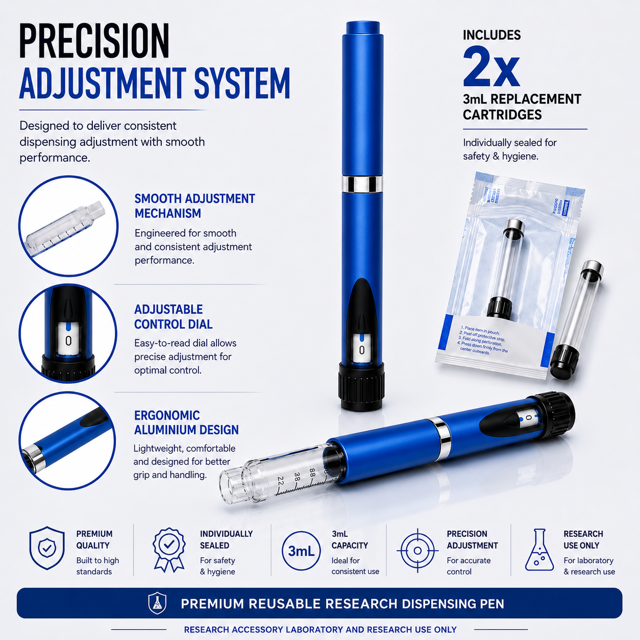 Reusable Research Dispensing Pen Device | Includes 2x 3mL Cartridges