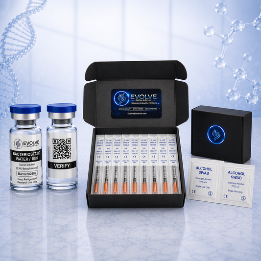 Research Preparation Pack - Evolve Biolab UK research peptides UK batch verified lab tested peptide vial set with syringes and COA verified alcohol.