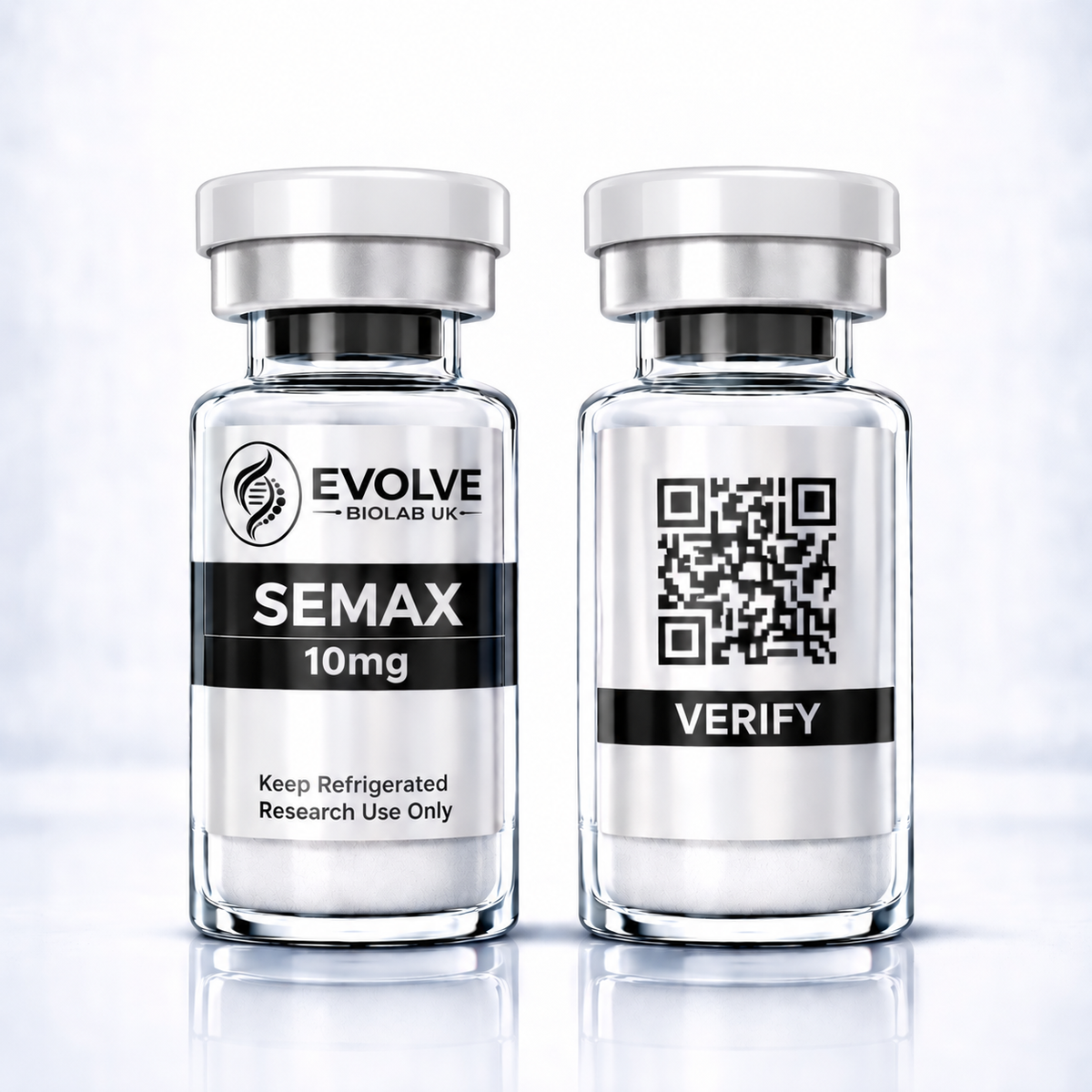 Semax - Clear glass peptide vial with silver cap, labeled Semax 10mg from Evolve Biolab UK and QR code for verification.