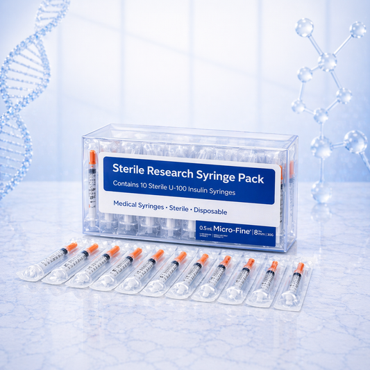 Sterile Research Syringe Pack - Sterile Research Syringe Pack with 10 lab-tested, COA verified U-100 insulin syringes by Evolve Biolab UK, batch verified.