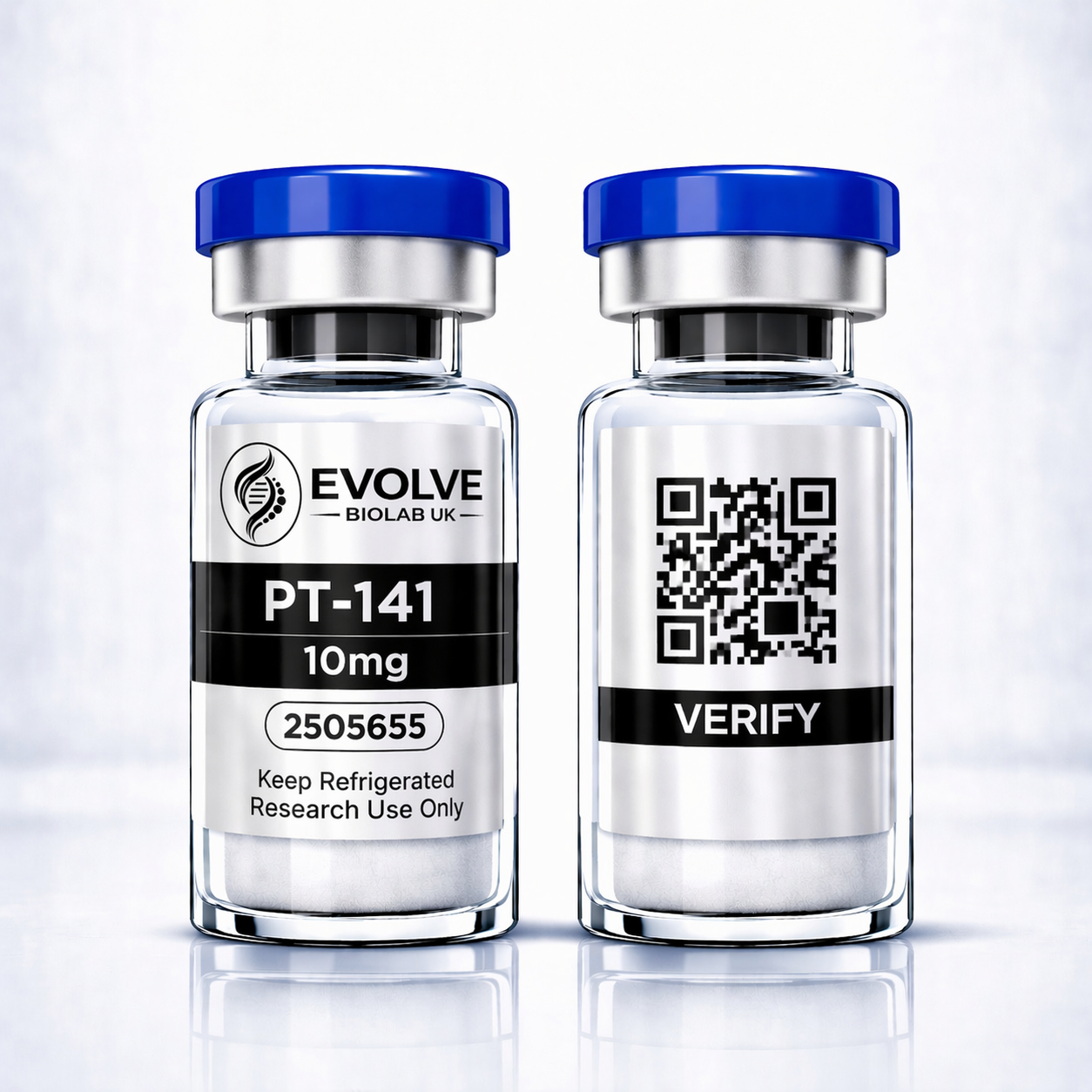PT-141 10mg - Evolve Biolab UK PT-141 10mg peptide vial with batch verified label and QR code for COA verification, lab tested peptide,.