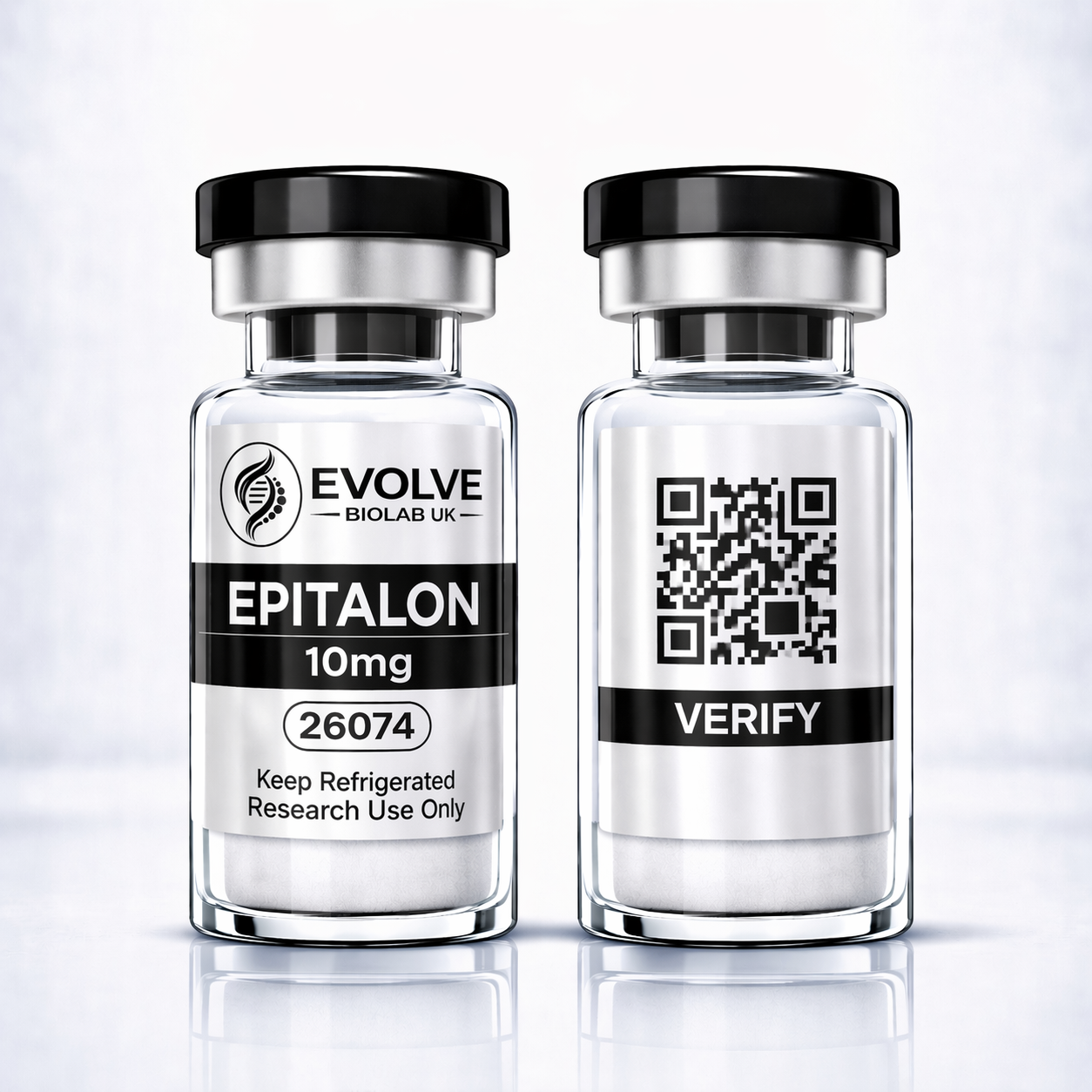 Epitalon 10mg - Evolve Biolab UK Epitalon 10mg peptide vial with batch and COA verified labels, research peptides UK, lab tested peptide.