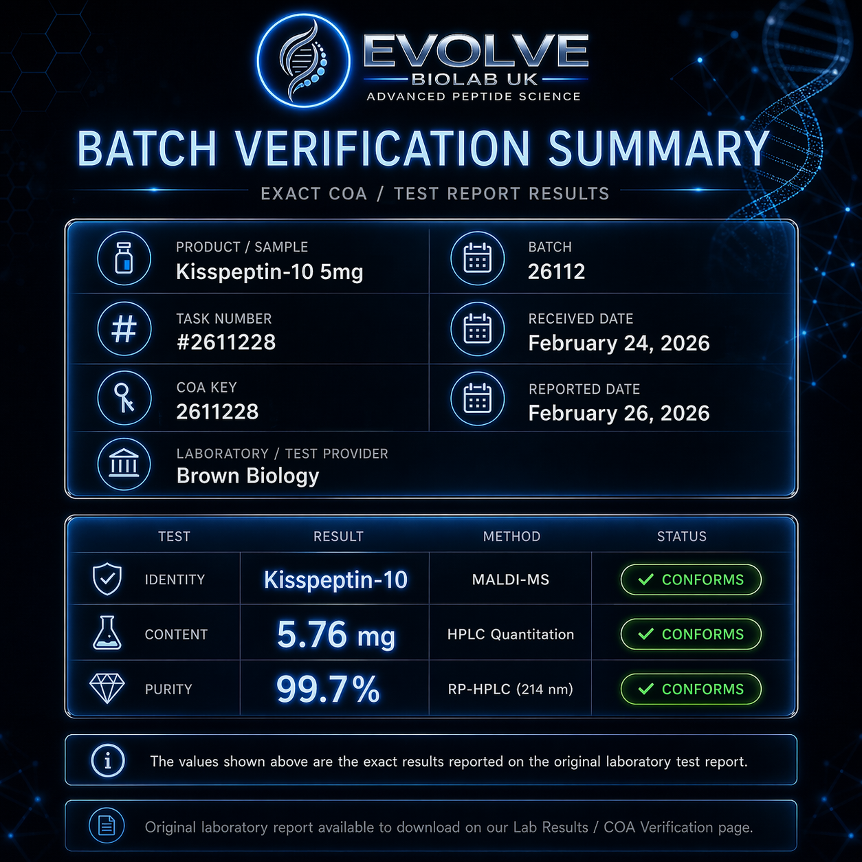 Kisspeptin-10 - Evolve Biolab UK batch verified Kisspeptin-10 peptide vial with lab tested COA, research peptides UK.