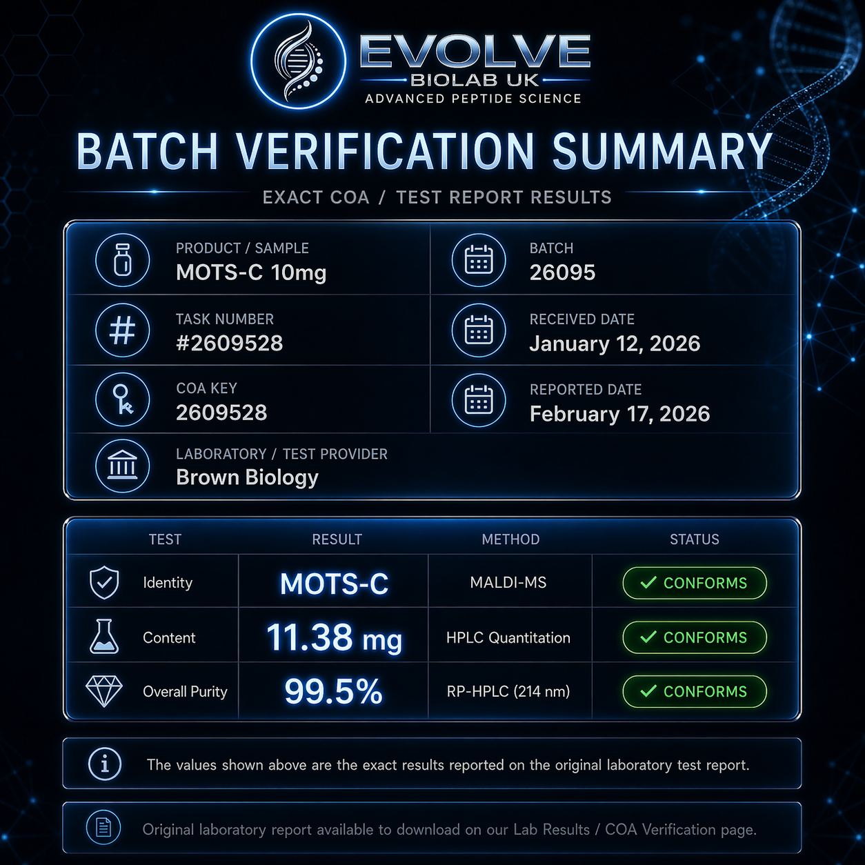MOTS-C 10mg - Evolve Biolab UK MOTS-C 10mg peptide vial with batch verified, COA verified lab tested peptide label from Brown Biology.