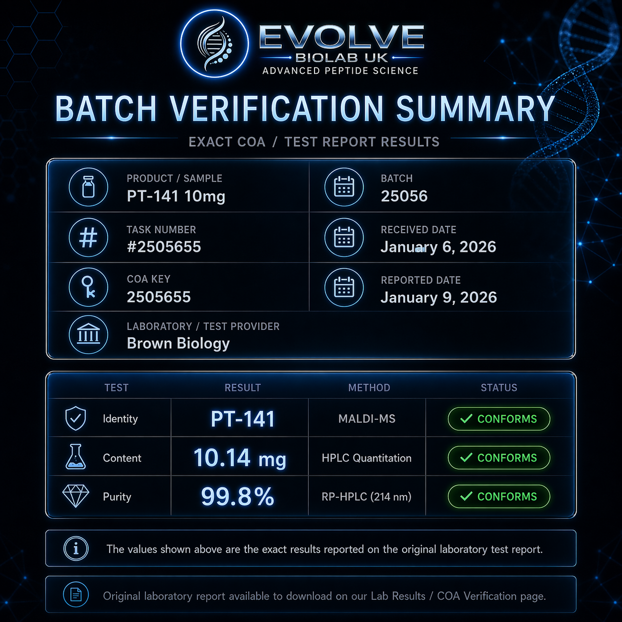 PT-141 10mg - Evolve Biolab UK PT-141 10mg peptide vial with batch verified, COA verified lab tested peptide from Brown Biology.