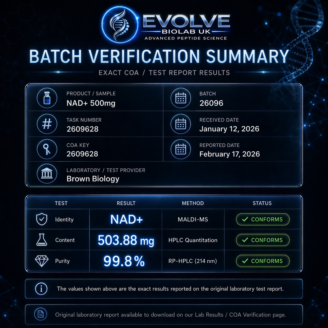 NAD+ 500mg - Evolve Biolab UK NAD+ 500mg peptide vial with batch verified, COA verified lab test results summary.
