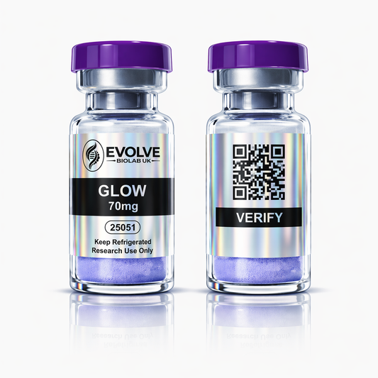 Glow Stack 70mg.                                     (GHK-Cu + BPC-157 + TB-500) - Evolve Biolab UK Glow Stack 70mg peptide vial with purple cap, lab tested, batch and COA verified, research peptides UK.
