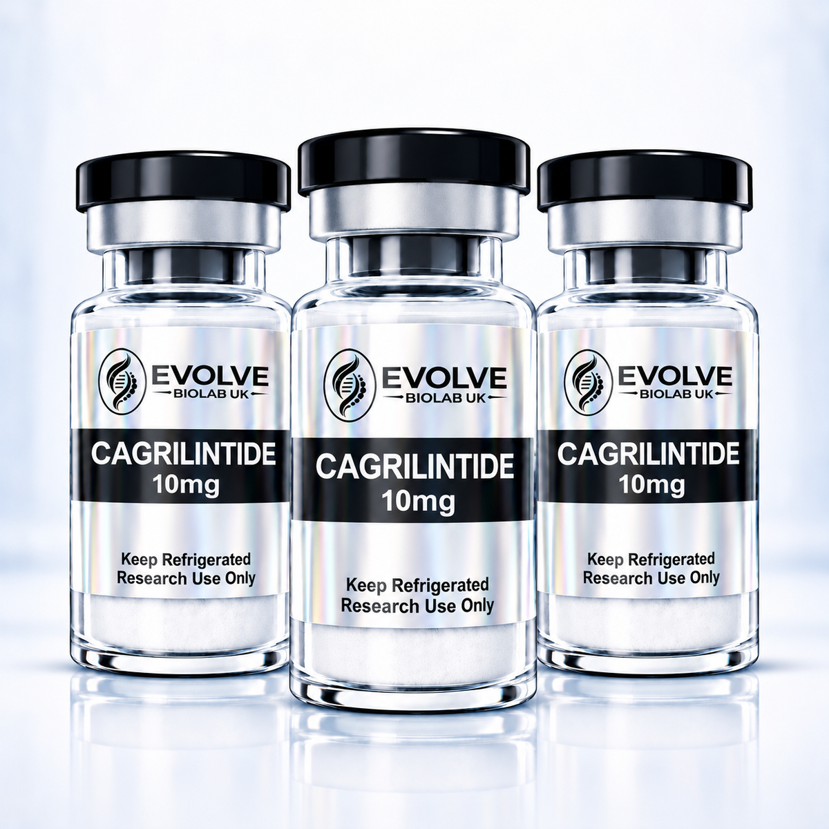 CAGRILINTIDE 30mg bundle - Three clear peptide vials with black caps and Evolve Biolab labels, each marked Cagrilintide 10mg.