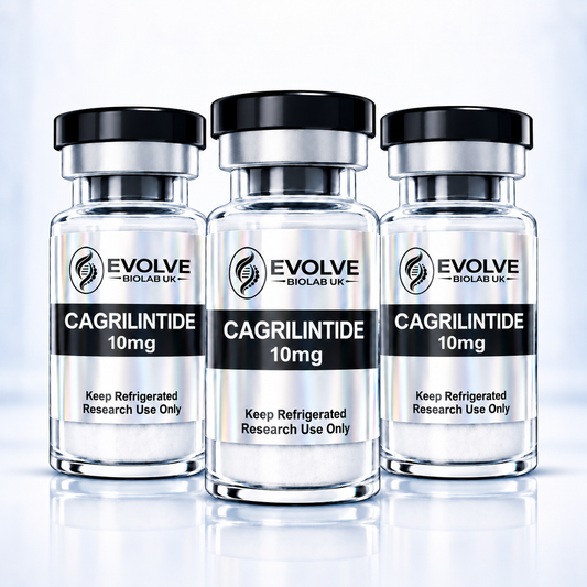 CAGRILINTIDE 30mg bundle - Three clear peptide vials with black caps and Evolve Biolab labels, each marked Cagrilintide 10mg.