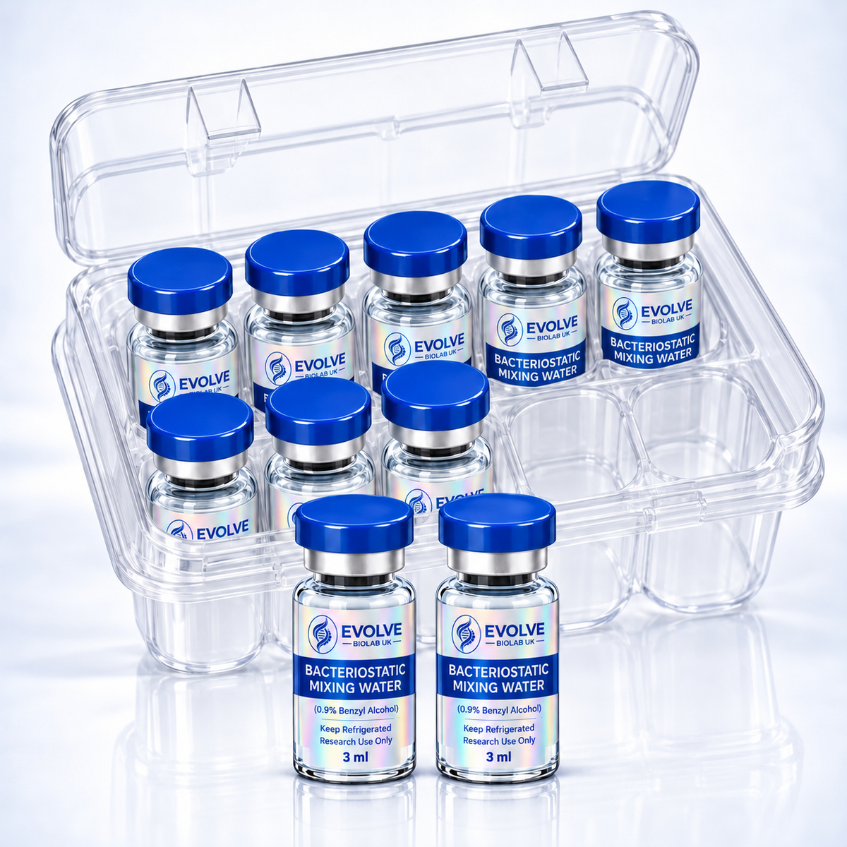 Bacteriostatic Water — 10 × 3ml - Ten clear glass bacteriostatic water vials with blue caps and white-and-blue Evolve Biolab labels, arranged in a clear.