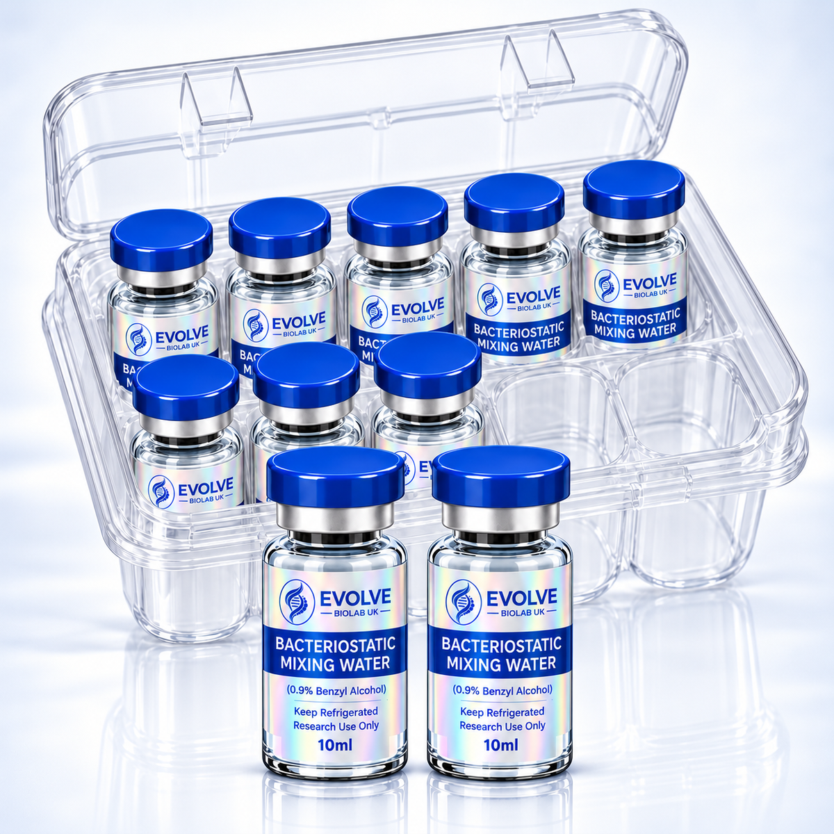 Bacteriostatic Water — 10 × 10ml - Evolve Biolab UK bacteriostatic water vials with blue caps and white labels, displayed in a clear plastic tray.