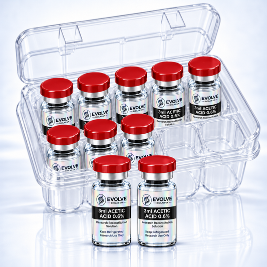 Acetic Acid 0.6% — 10 × 3ml - Ten clear glass peptide vials with red caps and Evolve labels arranged in a transparent plastic case.